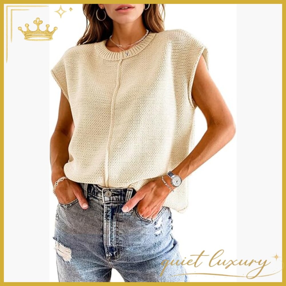 Lightweight Knit Sweater Vest Tank Top Cap Sleeve Crewneck Loose Fit